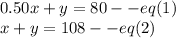 0.50x+y=80--eq(1)\\x+y=108--eq(2)