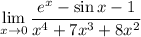 \displaystyle\lim_{x\to0}\frac{e^x-\sin x-1}{x^4+7x^3+8x^2}