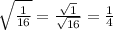 \sqrt{ \frac{1}{16} }  =  \frac{ \sqrt{1} }{ \sqrt{16} }  =  \frac{1}{4}
