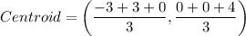 Centroid=\left(\dfrac{-3+3+0}{3},\dfrac{0+0+4}{3}\right)
