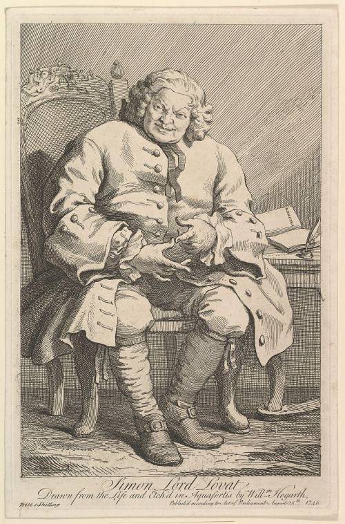 A man sitting in a chair. He has on tall socks, shoes with a buckle, and a long coat with large cuff