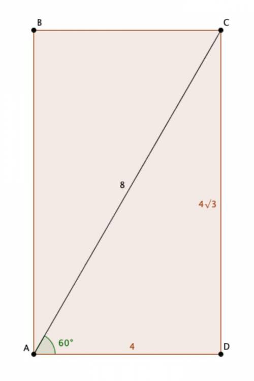 4. A rectangle has a diagonal of 8 cm. The diagonal creates a 60° angle at the base of the rectangle