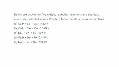 Below are shown, for five metals, reduction reactions and standard electrode potential values. which