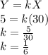 Y=kX\\5=k(30)\\k=\frac{5}{30}\\k=\frac{1}{6}