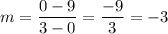 \displaystyle m=\frac{0-9}{3-0}=\frac{-9}{3}=-3