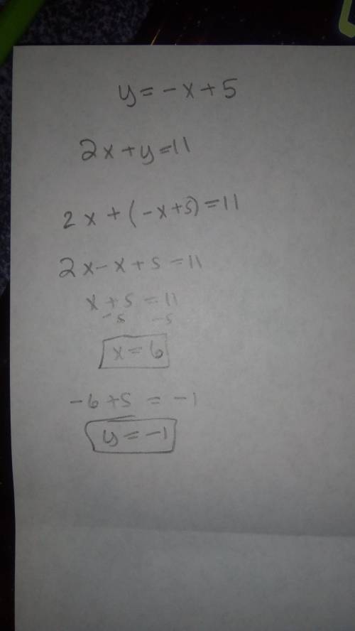 Solve each system by substitution:  {y = -x + 5, 2x + y = 11