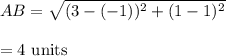AB=\sqrt{(3-(-1))^2+(1-1)^2} \\\\=4\ \text{units}