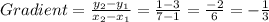 Gradient = \frac{y_2 - y_1}{x_2 - x_1} = \frac{1 - 3}{7 - 1} = \frac{-2}{6} = -\frac{1}{3}