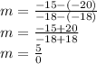 m =  \frac{ - 15 - ( - 20)}{ - 18 - (  -  18)}  \\ m =  \frac{ - 15 + 20}{ - 18 + 18}  \\ m =  \frac{5}{0}