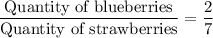 \dfrac{\text{Quantity of blueberries}}{\text{Quantity of strawberries}}=\dfrac27