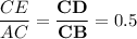 \displaystyle \frac{CE}{AC} = \mathbf{\frac{CD}{CB}} = 0.5