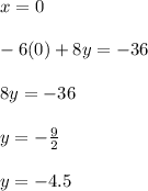 x=0\\\\-6(0)+8y=-36\\\\8y=-36\\\\y=-\frac{9}{2}\\\\y=-4.5