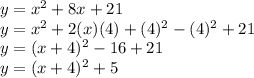 y=x^2+8x+21\\y=x^2+2(x)(4)+(4)^2-(4)^2+21\\y=(x+4)^2-16+21\\y=(x+4)^2+5
