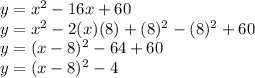 y=x^2-16x+60\\y=x^2-2(x)(8)+(8)^2-(8)^2+60\\y=(x-8)^2-64+60\\y=(x-8)^2-4