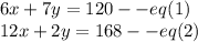 6x+7y=120--eq(1)\\12x+2y=168--eq(2)