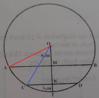 (a) The diagram shows a circle, centre 0. AB and CD are chord.

Given that OM = 8 cm, NT = 3 cm, AB