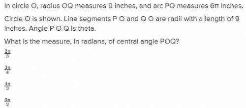 What is the measure, in radians, of central angle POQ? StartFraction 2 pi Over 3 EndFraction radians