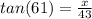 tan(61) = \frac{x}{43}