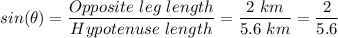 sin(\theta) = \dfrac{Opposite \ leg \ length}{Hypotenuse \ length} = \dfrac{2 \ km}{5.6 \ km} = \dfrac{2}{5.6}
