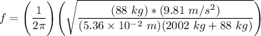 f = \Bigg ( \dfrac{1}{2 \pi}  \Bigg )   \Bigg( \sqrt{\dfrac{ {(88 \ kg)* (9.81 \ m/s^2) }}{(5.36 \times 10^{-2} \ m) (2002 \ kg +88 \ kg)} }  \Bigg )