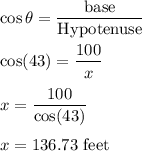 \cos\theta=\dfrac{\text{base}}{\text{Hypotenuse}}\\\\\cos(43)=\dfrac{100}{x}\\\\x=\dfrac{100}{\cos(43)}\\\\x=136.73\ \text{feet}