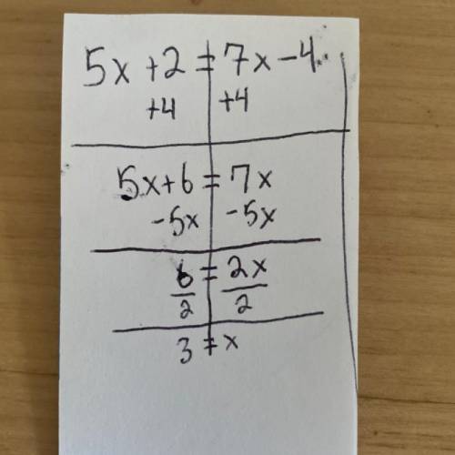 Solve fox using the equation: 5x + 2 = 7x - 4. Write your answer as x=?, with no spaces