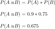 P(A\text{ n}B) = P(A) * P(B)\\\\P(A\text{ n}B)= 0.9 * 0.75\\\\P(A\text{ n}B) = 0.675