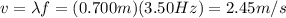 v=\lambda f=(0.700 m)(3.50 Hz)=2.45 m/s
