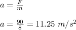 a = \frac{F}{m} \\\\a = \frac{90}{8} = 11.25 \ m/s^2