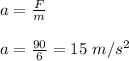 a = \frac{F}{m} \\\\a = \frac{90}{6} = 15 \ m/s^2