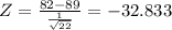 Z = \frac{82-89}{\frac{1}{\sqrt{22} } } =  -32.833