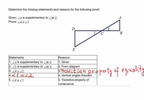 Determine the missing statements and reasons for the following proof.