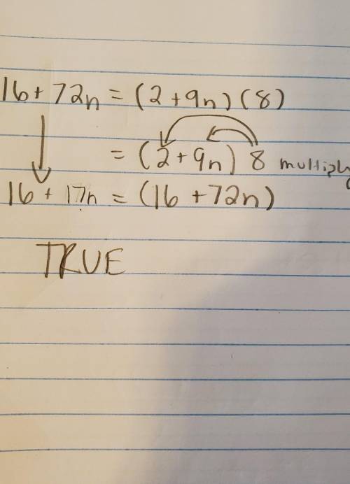 TRUE OR FALSE:
16 + 72n = (2 + 9n)(8)