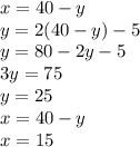 x = 40 - y \\ y = 2(40 - y) -5 \\ y = 80 - 2y - 5 \\ 3y = 75 \\ y =25 \\ x = 40 - y \\ x = 15