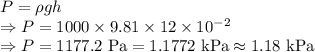 P=\rho gh\\\Rightarrow P=1000\times 9.81\times 12\times 10^{-2}\\\Rightarrow P=1177.2\ \text{Pa}=1.1772\ \text{kPa}\approx 1.18\ \text{kPa}