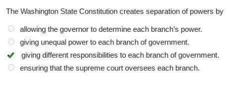 The Washington State Constitution creates separation of powers by

A) allowing the governor to deter