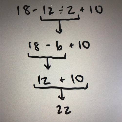 Mathematics
Simplify using the order of operations.
18 - 12 ÷ 2 + 10 =