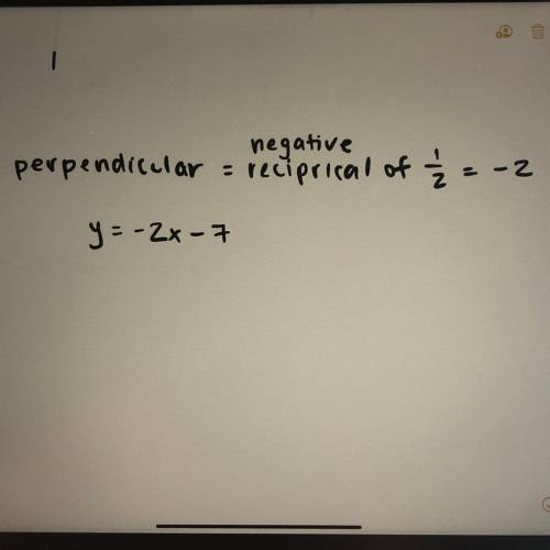 State an equation of the line that is perpendicular to y=1/2+4 with y-intercept of -7

Please help