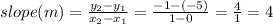 slope (m) = \frac{y_2 - y_1}{x_2 - x_1} = \frac{-1 - (-5)}{1 - 0} = \frac{4}{1} = 4