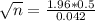 \sqrt{n} = \frac{1.96*0.5}{0.042}