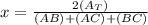 x =  \frac{2(A_T) }{(AB)  +  (AC) + (BC)}