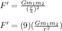 F' = \frac{Gm_{1}m_{2}}{(\frac{r}{3})^{2}}\\\\F' = (9)(\frac{Gm_{1}m_{2}}{r^{2}})