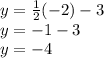 y=\frac{1}{2}(-2)-3\\y=-1-3\\y=-4