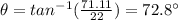 \theta=tan^{-1}(\frac{71.11}{22})=72.8^{\circ}