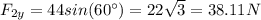 F_{2y}=44 sin(60^{\circ})=22\sqrt{3}=38.11 N