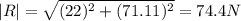 |R|=\sqrt{(22)^2+(71.11)^2}=74.4 N