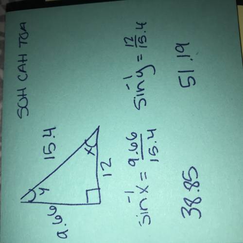 What are the angles of a triangle with side lengths of 9.66, 12, and 15.4. one of the angles is 90 d