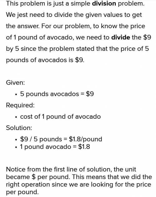 The double number line shows that 5 kilograms of avocados cost $9 dollar .

Based on the ratio shown