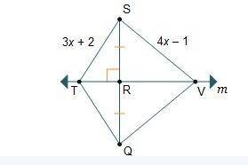 Line m is a perpendicular bisector of line segment S Q. It intersects line segment S Q at point R. L