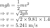 mgh=\dfrac{1}{2}mv^2\\\Rightarrow v=\sqrt{2gh}\\\Rightarrow v=\sqrt{2\times 9.81\times 1.4}\\\Rightarrow v=5.241\ \text{m/s}